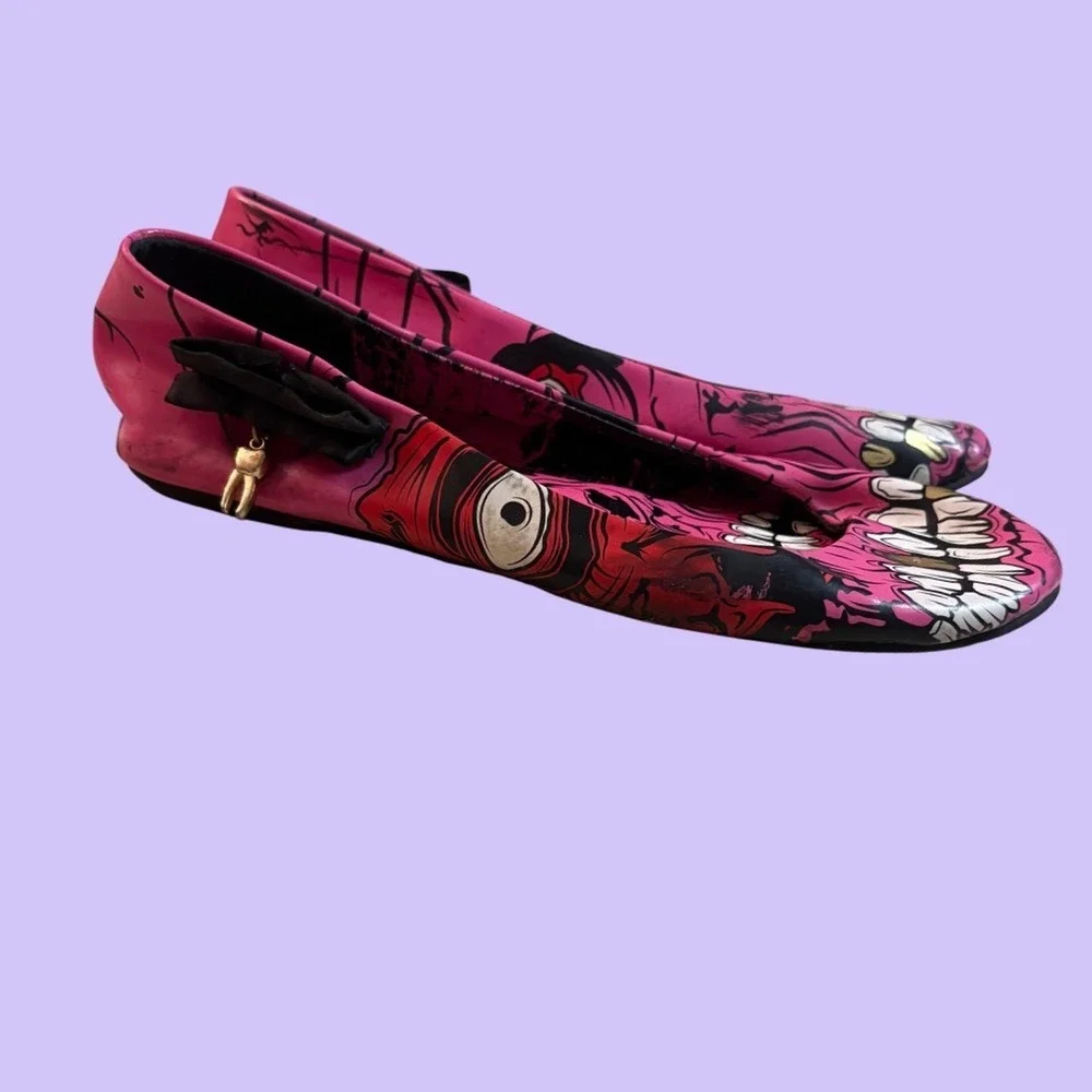 Y2K Rare Iron Fist Pink Zombie Skull Ballet Flats Bow Detail Scene